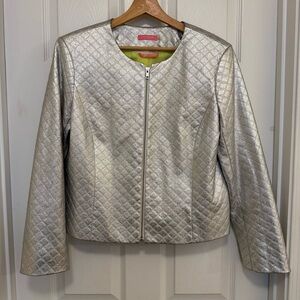 EUC Isaac Mizrahi New York Metallic Silver Quilted Jacket with Neon Lining